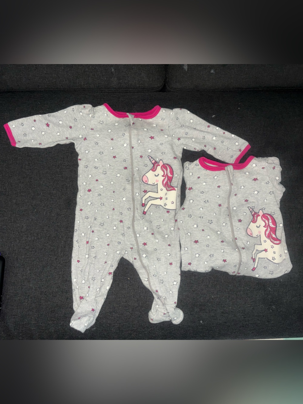 TWINS-Wonder nation Grey Footed One-Piece with Pink Trim and Unicorn